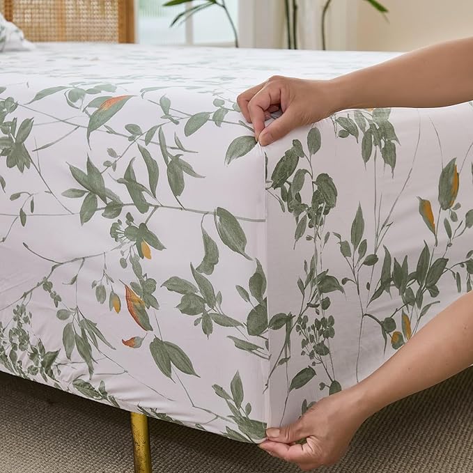 100% Cotton Sheets Set King Size – 4 Pieces Luxury Breathable Percale Cotton Bedding with Deep Pockets, Crisp Cool Feeling, Soft&Durable, Refined Botanical Elegance, Green Floral Bed Sheets