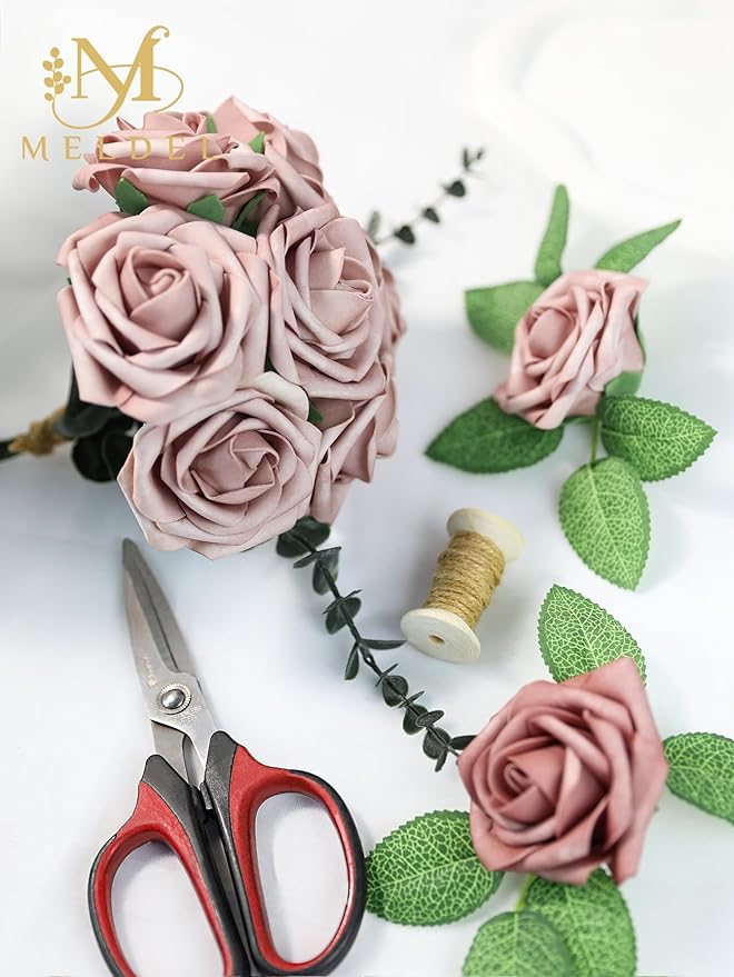 Meldel Artificial Flower 25pcs Real Touch Dusty Pink Rose Fake Foam Roses with Stems for DIY Wedding Bouquets Gifts Bridal Shower Faux Floral Centerpieces Arrangements Home Party Tables Decorations