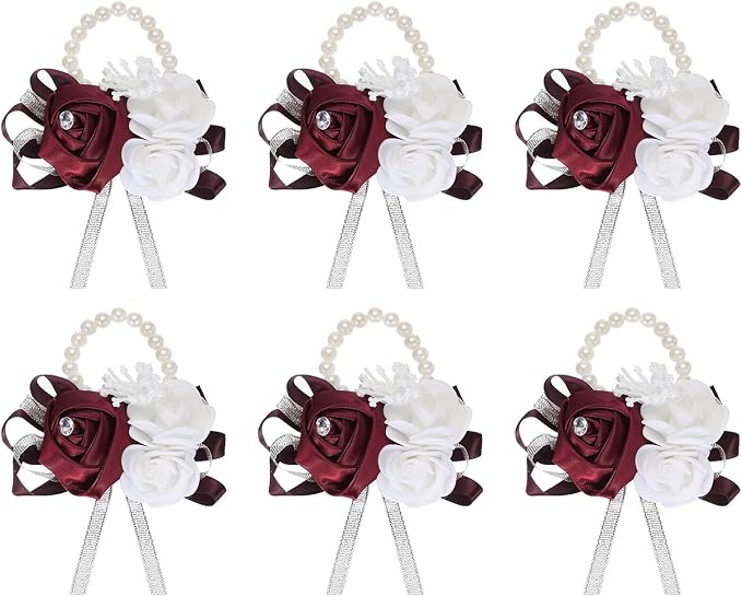 MECCANIXITY 6Pcs Wrist Corsage Artificial Flower Bracelets Rose Wrist Bride Groom Decorative for Wedding Ceremony Prom Party Anniversary Wine Red