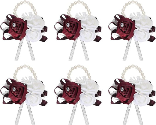 MECCANIXITY 6Pcs Wrist Corsage Artificial Flower Bracelets Rose Wrist Bride Groom Decorative for Wedding Ceremony Prom Party Anniversary Wine Red