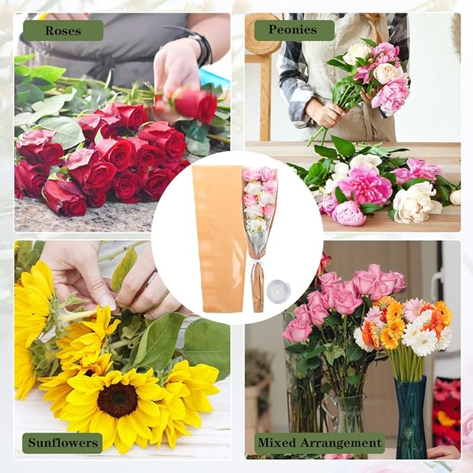 HSONAIGEE 50 Pieces Flower Bouquet Wrapping Paper, 24.8 x 8.7 x 4.7 Inch Flower Bags for Bouquets Kraft Floral Wrap Sleeves with Ribbons for Home Mother’s Day Wedding Flower Bar Supplies