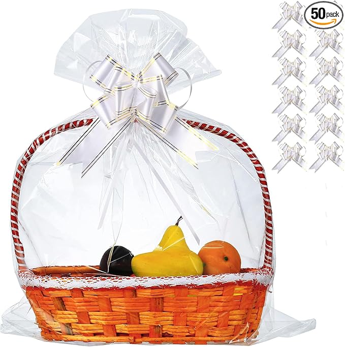 50 Packs 32” x 40” Gift Wrap Cellophane Bags for Basket Extra-large Jumbo Clear Cellophane Wraps Clear Huge Cello Bags for Basket, Gift, Christmas Tree, Treat, Art and Craft, 50ct White Ribbon Bows