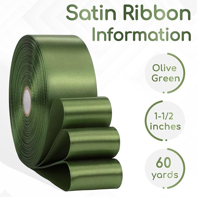 Olive Green Satin Ribbon 1-1/2 Inch 60 Yards, Solid Polyester Fabric Ribbon for Crafts, Gift Wrapping, Birthday, Flower Bouquet, Wedding, Christmas, Halloween, Easter