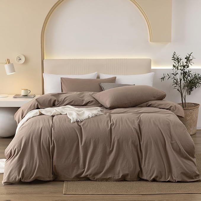 JIYUAN 100% Washed Cotton Duvet Cover Set 3 Pieces King, 1 Duvet Cover 104x90 Inches(Comforter Not Included) and 2 Pillowcases,Linen Feel Bedding Set Comfy and Breathable,Light Brown