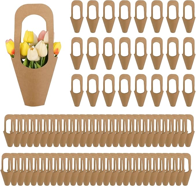 Jeqqinuz 100 PCS Flower Bags for Bouquets, Kraft Paper Gift Bags with Handle, Floral Wrapping Paper for Bouquet Packaging, Wedding Graduation Party Favors, Brown Cone Sleeves Home Decoration