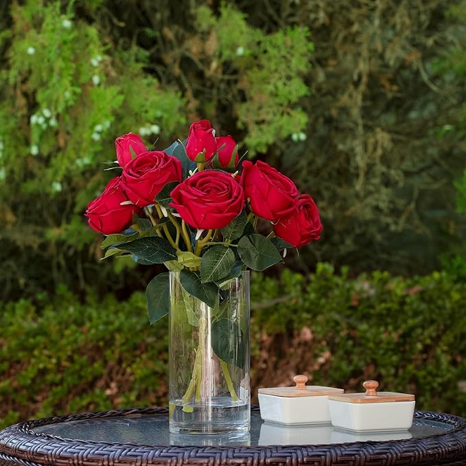 ENOVA FLORAL 9 Heads Silk Rose Artificial Flowers in Vase,Faux Rose Flowers Arrangement in Vase with Faux Water for Table Decor Centerpieces (Red)