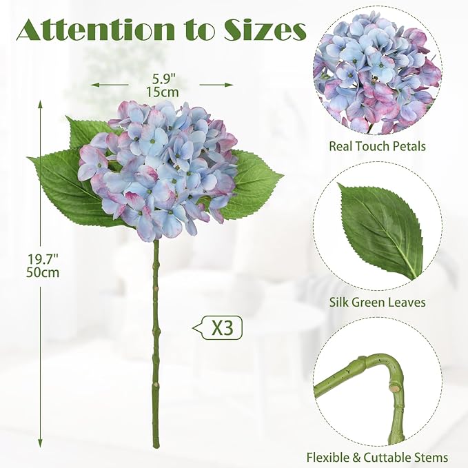 3Pcs Baby Blue Hydrangea Artificial Flowers 19.7 in Real Touch Faux Hydrangea Stems Silk Flowers with Stems Fake Blue Flowers Bouquet for Floral Arrangements Table Centerpieces Wedding Home Decor
