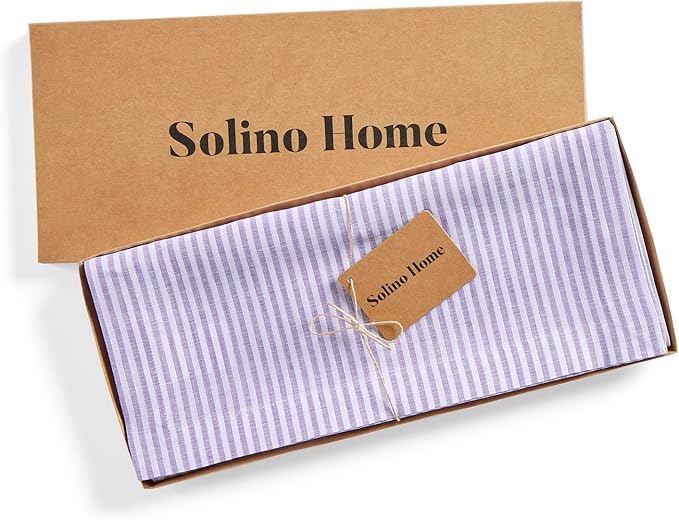 Solino Home Linen Table Runner 90 Inches Long - Narrow Stripe, 100% Pure Linen Lavender and White Farmhouse Table Runner 14 x 90 Inch for Dining, Valentines, Spring, Easter