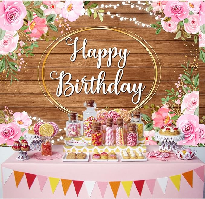 Pink Flowers Happy Birthday Banner Brown Wooden Floral Happy Birthday Backdrop for Women Golden Frame Glitter Lights Photography Background for 20th 30th Women Girl Party Decorations 5.9x3.6Ft