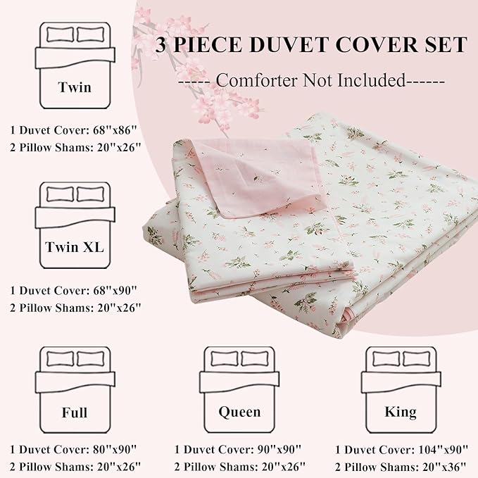 LifeTB Cotton Floral Duvet Cover Queen Girl Pink Flower Bedding Sets Garden Style Cotton Floral Comforter Cover Pink White Floral Bedding Sets Flower Branches Pattern Duvet Cover with Zipper Closure