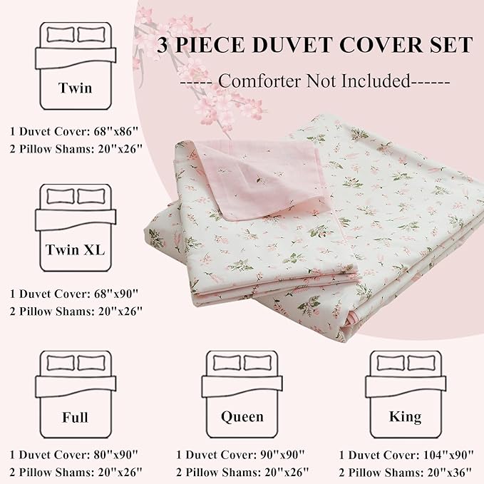 Floral Girls Duvet Cover Full Size 100% Cotton Pink Floral Duvet Cover Chic Garden Style Botanical Flower Bedding Set Lightweight Soft Aesthetic Floral Comforter Cover with 2 Pillowcases, No Comforter