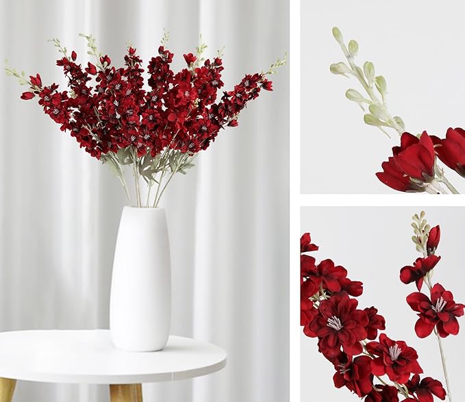 8pcs Red Delphinium Artificial Flowers 33.5in Long Stem Larkspur Fake Silk Flowers for Tall Vase Faux Flowers for Home Wedding Baby Shower Floral Arrangement Centerpiece Table Decor (Dark Red)