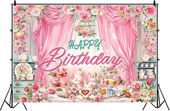 Tea Party Backdrop Let's Partea Happy Birthday Photography Background Wonderland Pink Rose Floral Teapot Women Tea Party Decor Banner Portrait Photo Booth Studio Props 9x6ft FU084YL