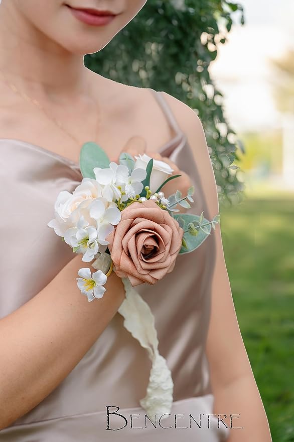 Dusty Rose Corsages for Wedding(Set of 6),Corsages for Prom,Party Prom Hand Flower Decor,Mother of The Bride Corsage,Bridesmaid Wrist Corsage