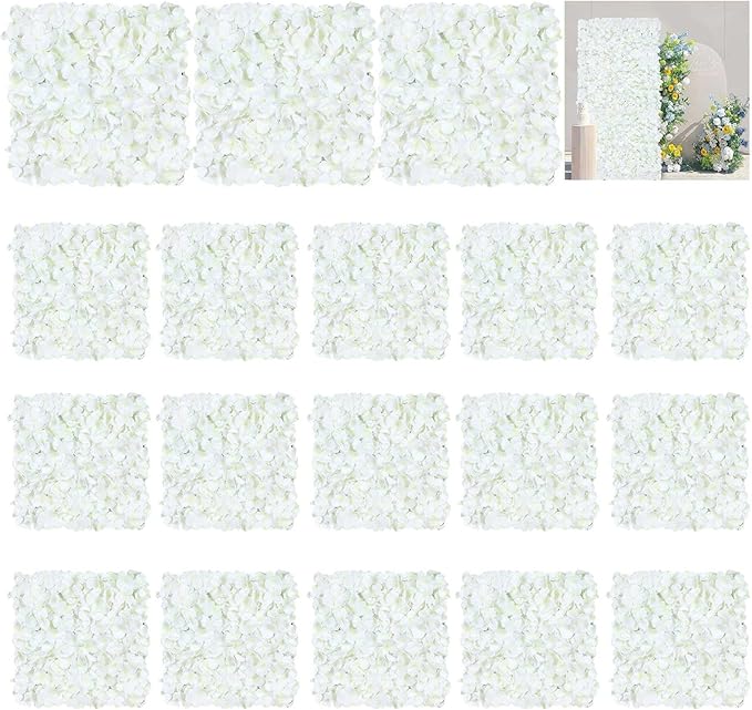 White Flower Wall Panels Backdrop with Green: Wedding Artificial Flower Wall Backdrop Hydrangea Floral Wall for Bridal Shower Party Decoration (18 Pcs 15 x 15 Inch)