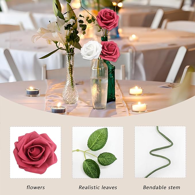 100PCS Artificial Flowers Wine red & White Roses Real Looking Foam Fake Roses with Leaves for DIY Wedding Bouquets Bridal Shower Centerpieces Party Decorations (Wine red & White, 100)