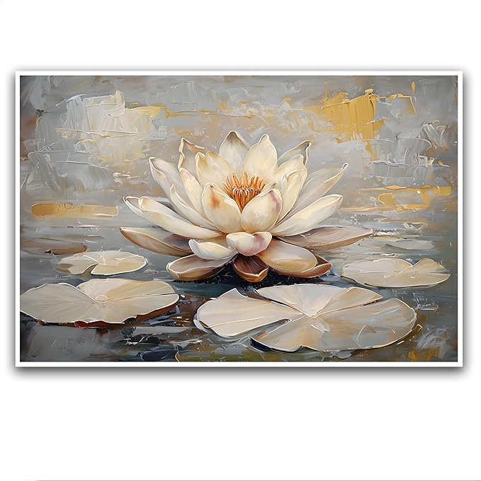 Ethereal white lotus floating on Crystal Waters poster vintage oil painting printwall art soft blush and gold accents serene home and office decor dreamy 12x18in Frameless