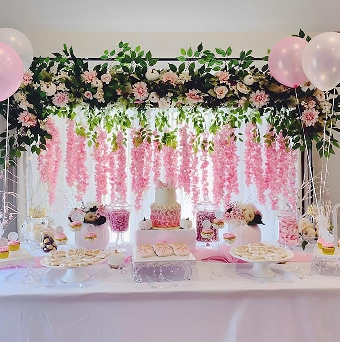 Artificial Wisteria Hanging Flowers-Fake Wisteria Flower Garland Silk Vines Rattan Decor for Home Wedding Arch Wall Garden Greenery Bedroom Outdoor Office Party Decoration(36, Dark Pink)