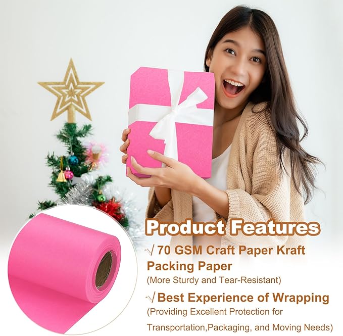 PATIKIL Wrapping Paper, 12" x 394"(33') 70 GSM Craft Paper Roll Kraft Packing Paper for Poster Bulletin Board, Gift Wrapping, Pink