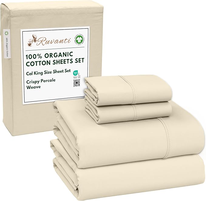 RUVANTI 100% Organic Cotton Sheets California King, Percale Weave, GOTS Certified, 4-Piece Set, Deep Pocket 13", Crisp & Breathable, Soft Durable Bedding, Sábanas Algodón Orgánico – Cloud Cream