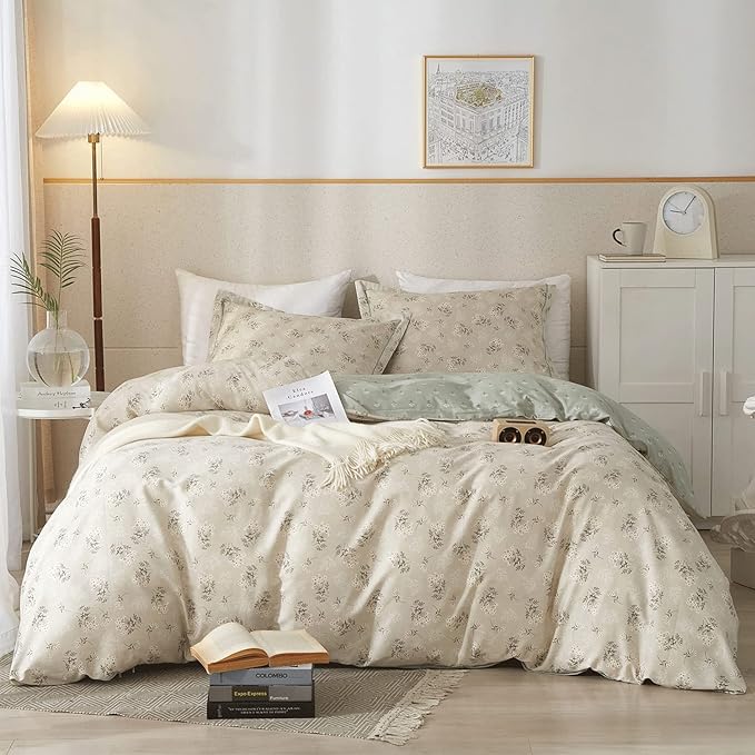 VM VOUGEMARKET Cotton Duvet Cover Set King,Grey Green Flower Duvet Cover Matching 2 Pillow Shams,Aesthetic Garden Style Bedding Set for Girls Women- 104"x90",Grey Green