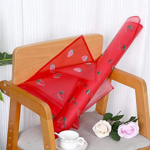 20 Sheets Bouquet Wrapping Paper, 22.4Inch Red Strawberry Pattern Flower Floral Wrapping Paper Pink Floral Paper for Bouquets Kit, Waterproof Decorations with Ribbon for DIY Crafts Wedding Birthday Party for Christmas