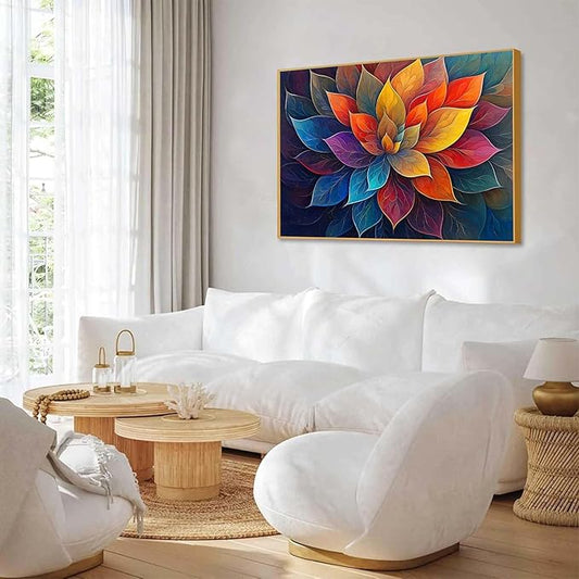 Colorful Flower Canvas Wall Art, Abstract Floral Canvas Prints, Lotus Blossom Pictures Wall Decor, Zen Painting, Yoga Studio Wall Decor (Gold Framed, 31"Wx23"H/80x60cm)