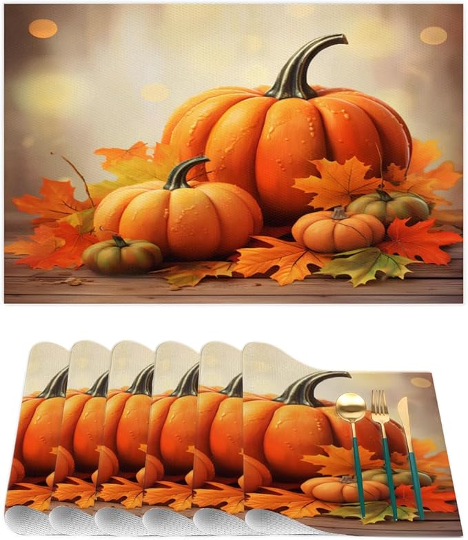 Thanksgiving Fall Pumpkin Placemats Set of 6 PVC Vinyl Non Slip Table Mats Heat Resistant Place Mats Washable Wipeable Dining Table Mat for Kitchen Decor Party Indoor Outdoor Decorative Gift