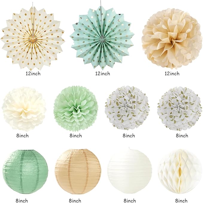 Sage-Green Champagne-Beige Baby Shower Party-Decorations - 21pcs Girls Boy Welcome Baby Banner,Paper Lanterns Pom Poms,Safari Woodland Boho Neutral Streamers Garland Decor Favors Huglony