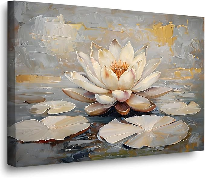 Ethereal white lotus floating on Crystal Waters poster vintage oil painting printwall art soft blush and gold accents serene home and office decor dreamy 12x18in Wood Framed