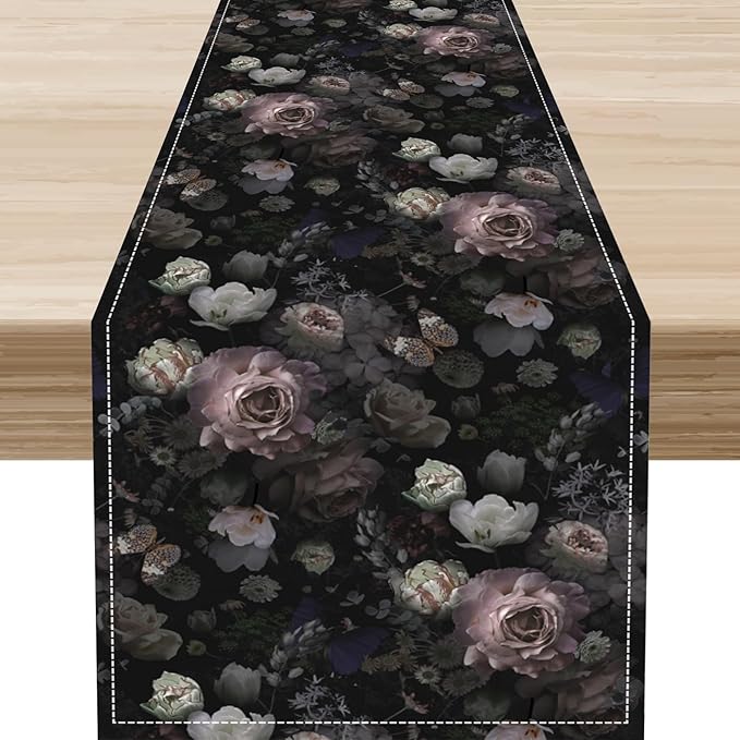Gothic Floral Table Runner, Black Pink Rose Boho Vintage Art Print Linen Table Center Decor Family Kitchen Outdoor Farmhouse Holiday Party Table Decorations 13x72 inch