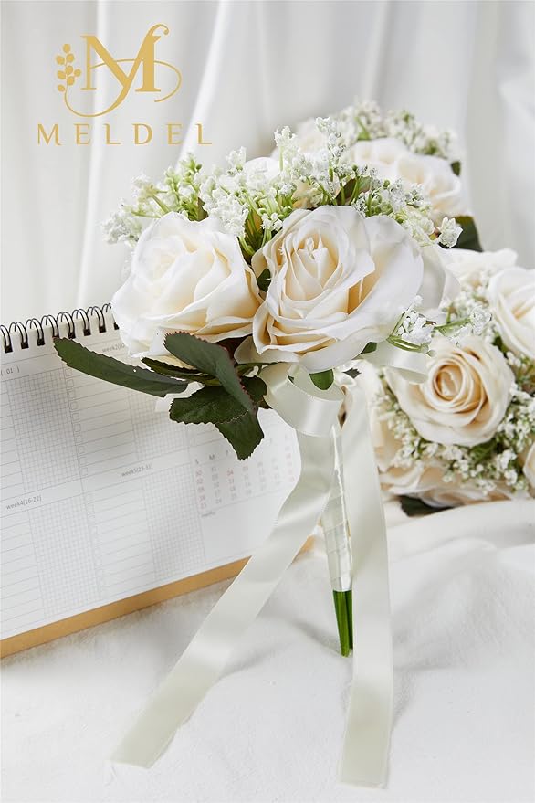 Meldel 2 x Artificial Silk Rose Bridesmaid Bouquets, 6.5'' Wide x 9.5'' Tall, Rustic Wedding Decor, Milk White, Set of 1, Ready to Use
