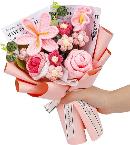 Crochet Flowers Bouquet, Handmade Knitting Crochet Flowers, Tulips Flower and Calla Lily Bouquet for Birthday, Gifts for Women, Valentines (Pink)