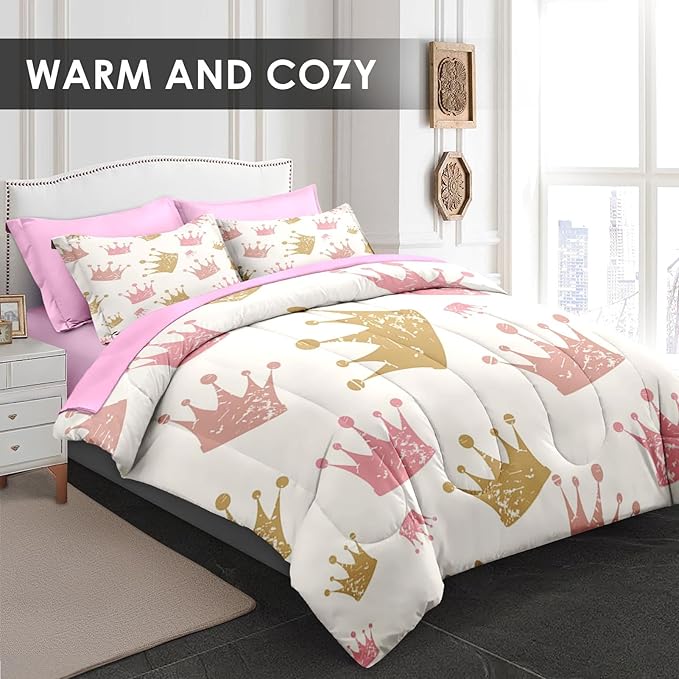 Comforter Set King Size, Cute Kids Crown 7 Pcs Bedding for Kids and Adults, Pink Princess Girls Bed Sheet Sets with Fitted Sheet 2 Pillowcase & 2 Sham for Bedroom Bed Decor