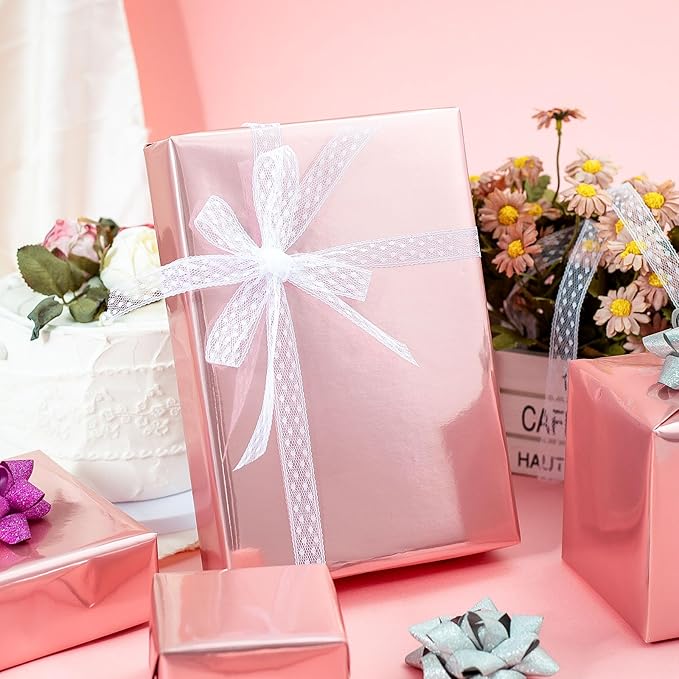 Merture Pink Wrapping Paper Jumbo Roll - 30 In X 32.8 Ft (81.7 sq.ft.) Metallic Pink Gift Wrap with Grid Cutting Lines for Valentines Day, Mothers Day, Wedding, Baby Shower, Birthday, Christmas
