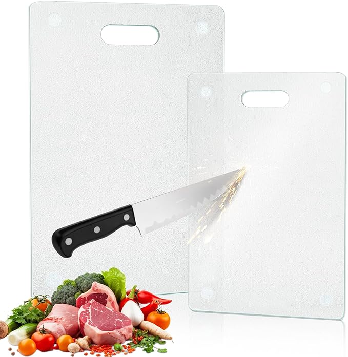 Tempered Glass Cutting Board Set 2Pcs Clear Glass Cutting Boards Scratch Resistant Dishwasher Safe Glass Chopping Board Set for Kitchen