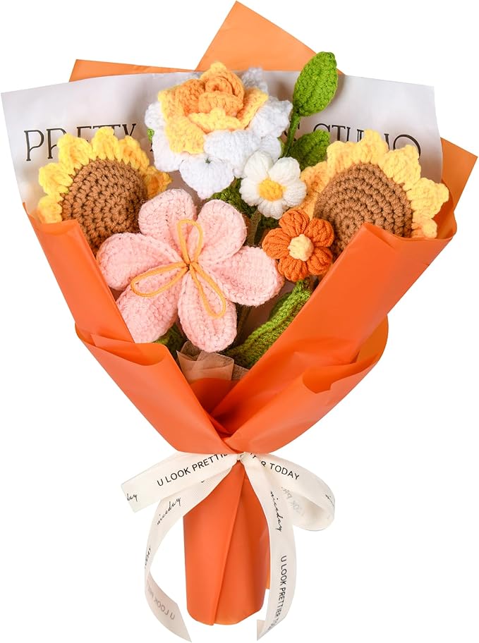 Crochet Flower Bouquet Handmade Crochet Flowers Gifts, Crochet Tulips Sunflowers Roses 7Pcs for Mothers Day Weddings Birthdays Home Decor Ideal for Women Moms Wife Friends(Orange)