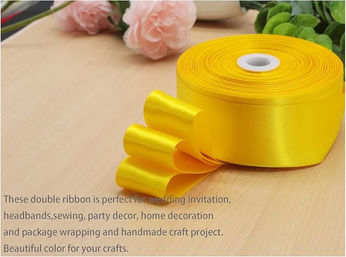 Yellow Double Faced Satin Ribbons 1-1/2 inch Flower Boutique Gift Wrapping Ribbon 1.5inch 50yards Fabric Silk Bow Ribbon for Valentine's Day & Mother's Day DIY Crafts Hair Headband-Sewing