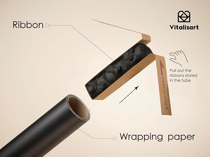Vitalizart Black Matte Metallic Wrapping Paper Set 17" With Silk Satin Ribbon & Gift Tags Christmas Gift Wrapping Birthday Baby Shower Wedding Bouquets Handmade Crafts 197"(16.4 Ft) Black Ribbon