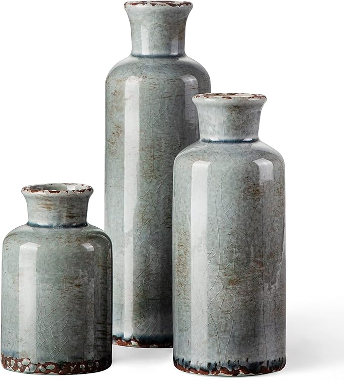 CwlwGO- Ceramic Rustic Vintage Blue Vase, Suitable for Home Decoration, 3 Piece Set of Glazed Decorative Vases, Kitchen, Bedroom.Living Room Table,Shelf Decorations.