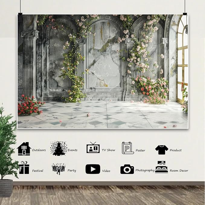 7x5ft Countryside Wedding Flowers Backdrop Vintage Pink Wildflower Old Palace Wall Photography Background for Valentines Day Bridal Shower Birthday Mothers Day Princess Couples Portraits