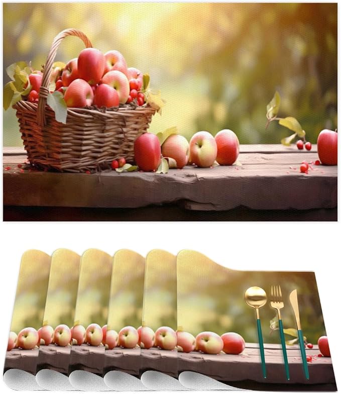 Apple Fall Fruit Basket Placemats Set of 4 PVC Vinyl Non Slip Table Mats Heat Resistant Place Mats Washable Wipeable Dining Table Mat for Kitchen Decor Party Indoor Outdoor Decorative Gift