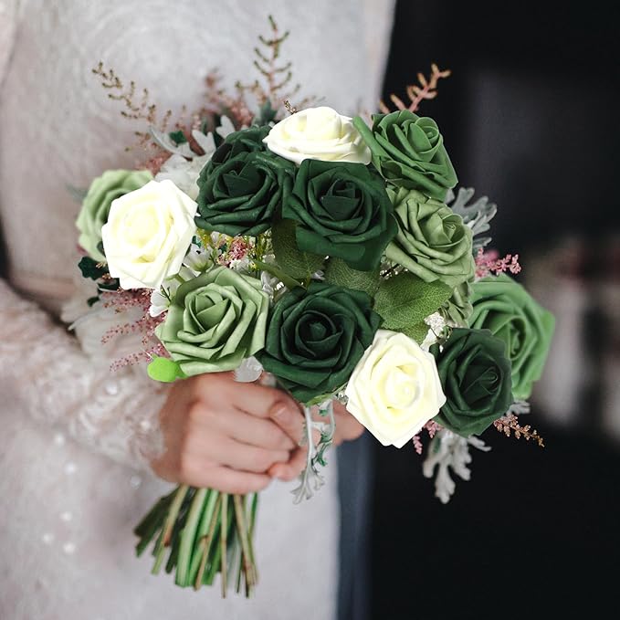 50 Pcs Artificial Foam Rose Flowers Faux Bouquet with Leaves and Stems for DIY Wedding Bouquets Centerpieces Bridal Shower Party Valentine Home Decorations (Gradient Green)