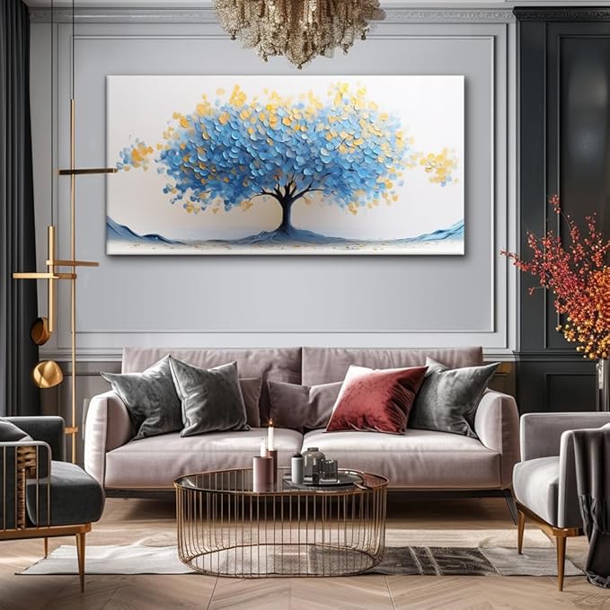 LAVIKARS Modern Tree of Life Wall Art for Living Room Office Navy Blue and Yellow Floral Abstract Landscape Canvas Painting Prints Large Nature Artwork Home Kitchen Bedroom Decor (28x58 Inches)