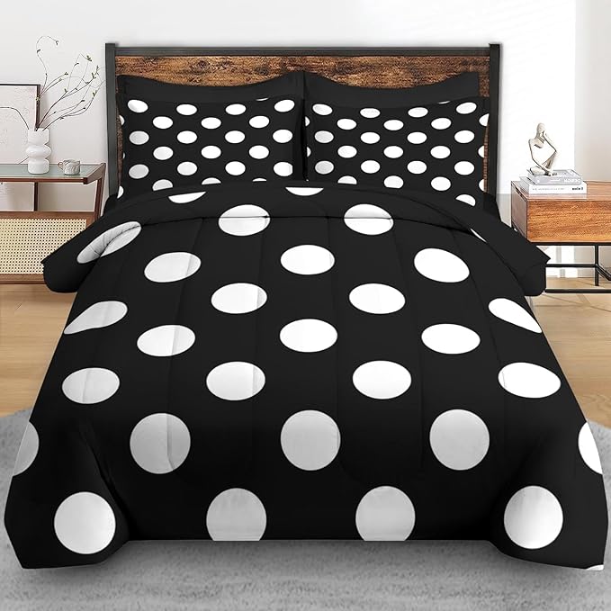 Comforter Set Twin Size, Polka Dot 5 Pcs Bedding for Kids and Adults, Black and White Bed Sheet Sets with Fitted Sheet Pillowcase & Sham for Bedroom Bed Decor