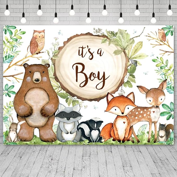 15x8ft Woodland Baby Shower Backdrop It's a Boy Photography Background Jungle Green Grass Leaves Animals Bear Fox Deer Baby Boys Party Banner Decorations Newborn Portrait Photo Booth Prop