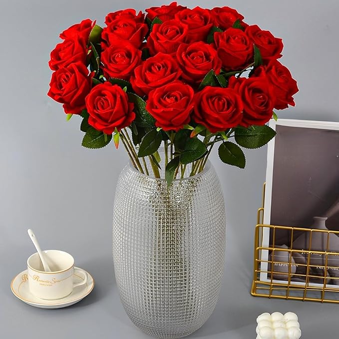 Artificial Roses 12PCS Velvet Rose Real Touch Long Stem Fake Flowers Bulk for Flower Arrangement Wedding Home Party Decor (Red)