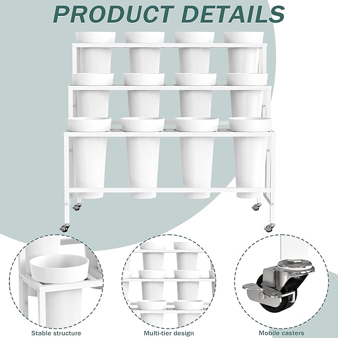 Asee'm Flower Display Stand with 12 Buckets, 3-Tier Flower Stand with Wheels, Heavy Duty Moving Metal Plant Bar Cart Stands Florist Bouquet Shelf for Indoor Outdoor Patio Garden(White - Round Bucket)