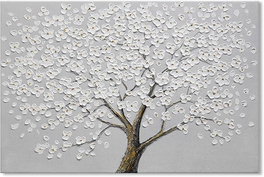 JUHOME Hand Painted White Floral Canvas Wall Art, 3D Textured Flower Oil Painting on Canvas, Neutral Colors for Bedroom, Living Room, Hallwa, Modern Home Decor,24x36