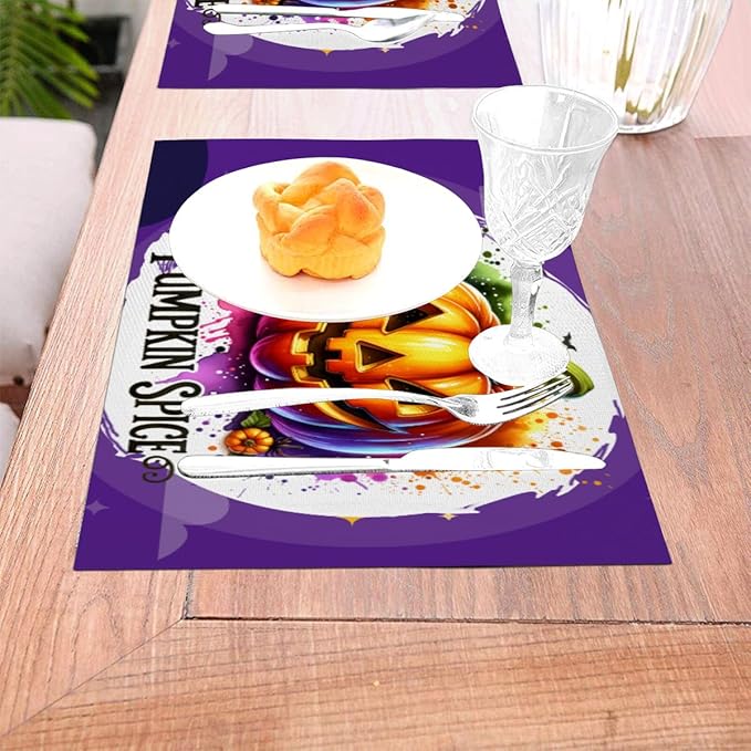 PVC Placemats Set of 1 Wipeable Table Mats Washable Heat Resistant Non Slip Vinyl Dining Table Mat for Kitchen Indoor Outdoor Patio Farmhouse Place Mats Funny Purple Halloween Pumpkin Decorative